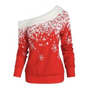 

Skew Neck Snowflake Print Christmas Top, Red