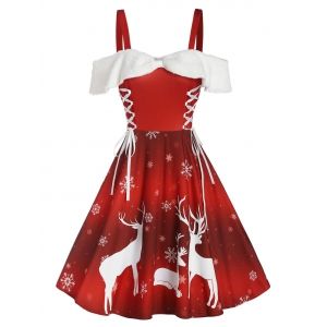 

Christmas Elk Snowflake Print Cold Shoulder Lace-up Dress, Red