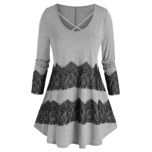 

Plus Size Lace Panel Eyelash Criss Cross Tunic Tee, Multi