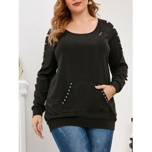 

Plus Size Raglan Sleeve Ripped Rivet Sweatshirt, Black