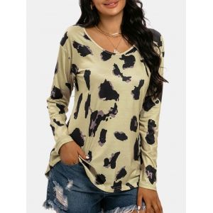 

Scoop Neck Leopard Long Sleeve T-shirt, Light coffee