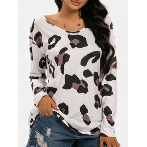 

Scoop Neck Leopard Long Sleeve T-shirt, White