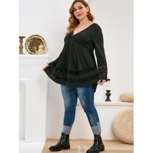 

Plus Size Knotted Plunging Mesh Insert T Shirt, Black