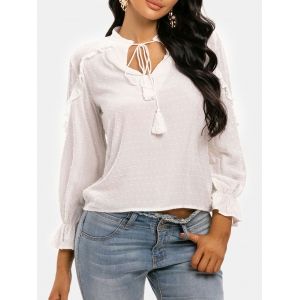 

Swiss Dot Tassel Tie Frilled Long Sleeve Blouse, White