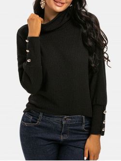 Ribbed Cowl Neck Metallic Buttons Knitwear - BLACK - L