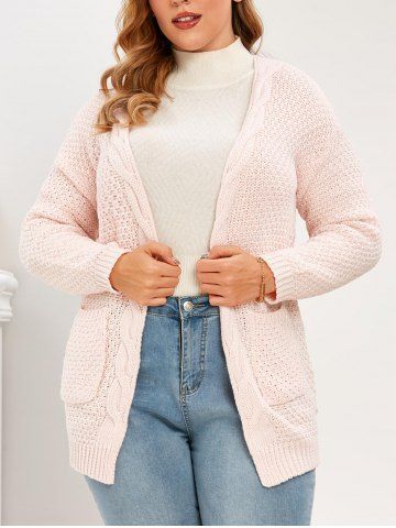 Plus Size Pockets Open Front Chunky Cardigan - PINK - XL