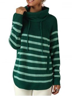 Striped Turtleneck Drawstring Pocket Sweater - DEEP GREEN - S