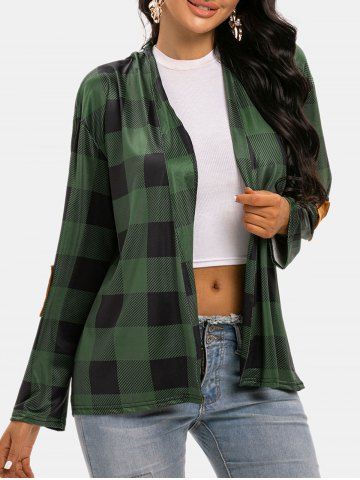 Plaid Collarless Elbow Patched Cardigan - GREEN - M
