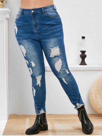 

Plus Size High Rise Ripped Eyelet Frayed Jeans, Deep blue