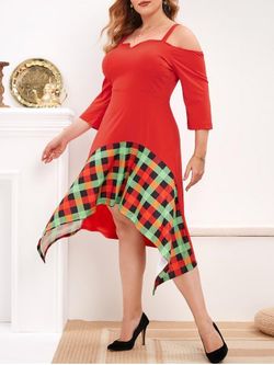 Plus Size Christmas Cold Shoulder Plaid Asymmetric Dress - RED - 4X