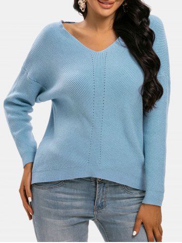 Drop Shoulder Textured V Neck Sweater - BLUE - ONE SIZE