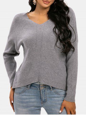 Drop Shoulder Textured V Neck Sweater - LIGHT GRAY - ONE SIZE