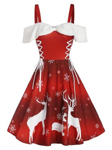 Christmas Elk Snowflake Print Cold Shoulder Lace-up Dress from rosegal rosegal Christmas Elk Snowflake Print Cold Shoulder Lace-up Dress