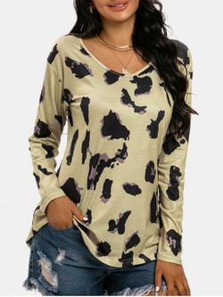 Scoop Neck Leopard Long Sleeve T-shirt - LIGHT COFFEE - L