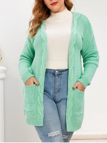 Plus Size Pockets Open Front Chunky Cardigan - GREEN - XL