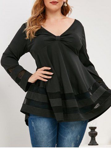 Plus Size Knotted Plunging Mesh Insert T Shirt - BLACK - L