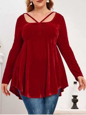 Plus Size Velvet Ruched Longline Top - RED - L