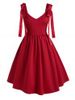 Solid V Neck Bowknot Plus Size Vintage 50s Dress -  