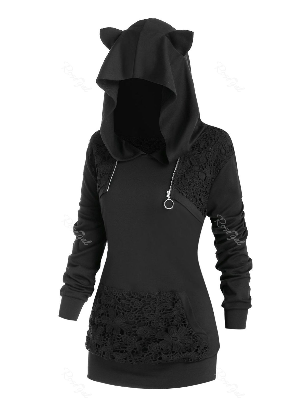 

Plus Size Cat Ear Crochet Panel Pocket Zip Ring Hoodie, Black