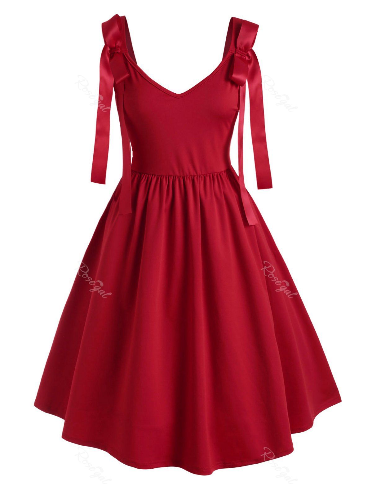 Best Solid V Neck Bowknot Plus Size Vintage 50s Dress  