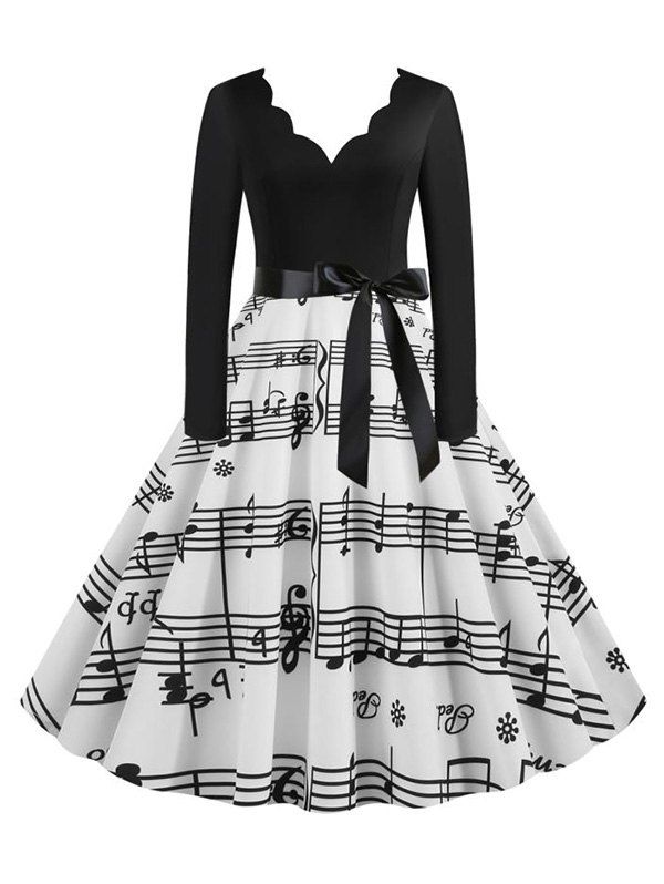 

Scalloped Musical Notes Belted A Line Retro Dress, Black