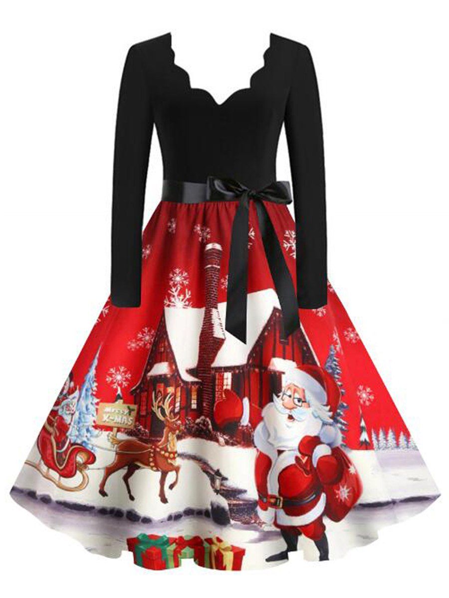 

Santa Claus Cat Elk Christmas Scalloped Belted Dress, Red