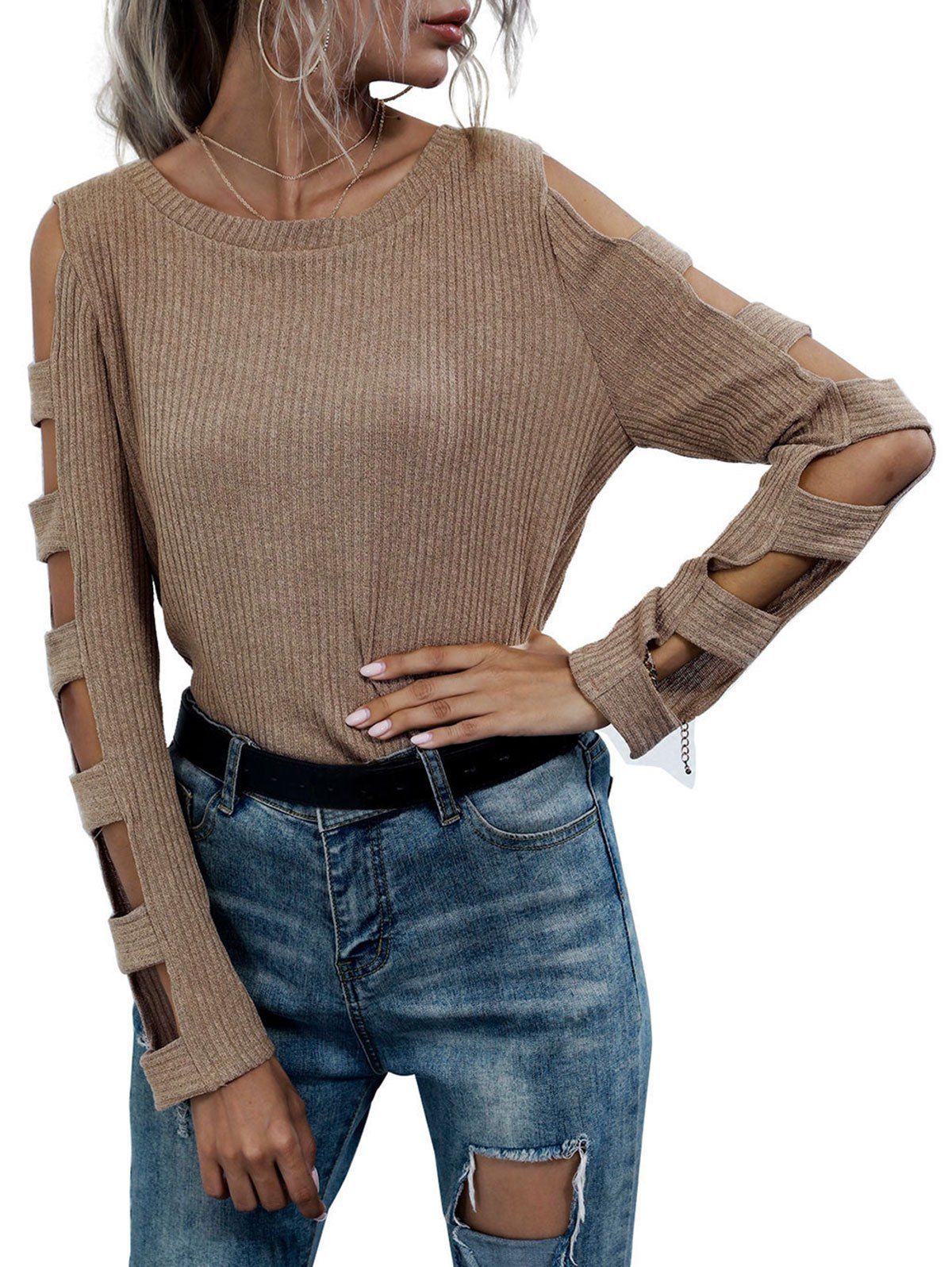 

Rib-knit Ladder Cutout Sleeve Knitwear, Light coffee
