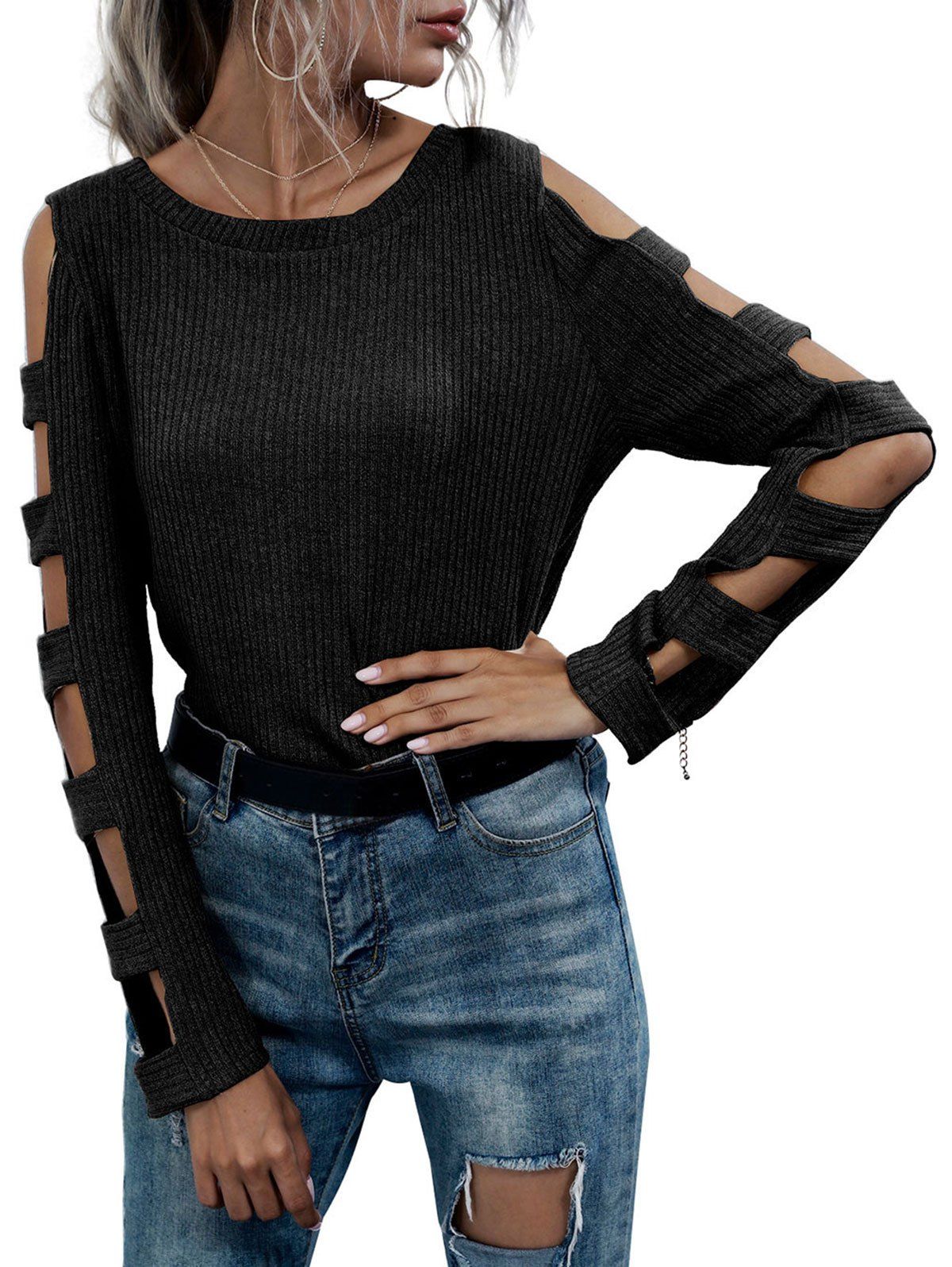 

Rib-knit Ladder Cutout Sleeve Knitwear, Black