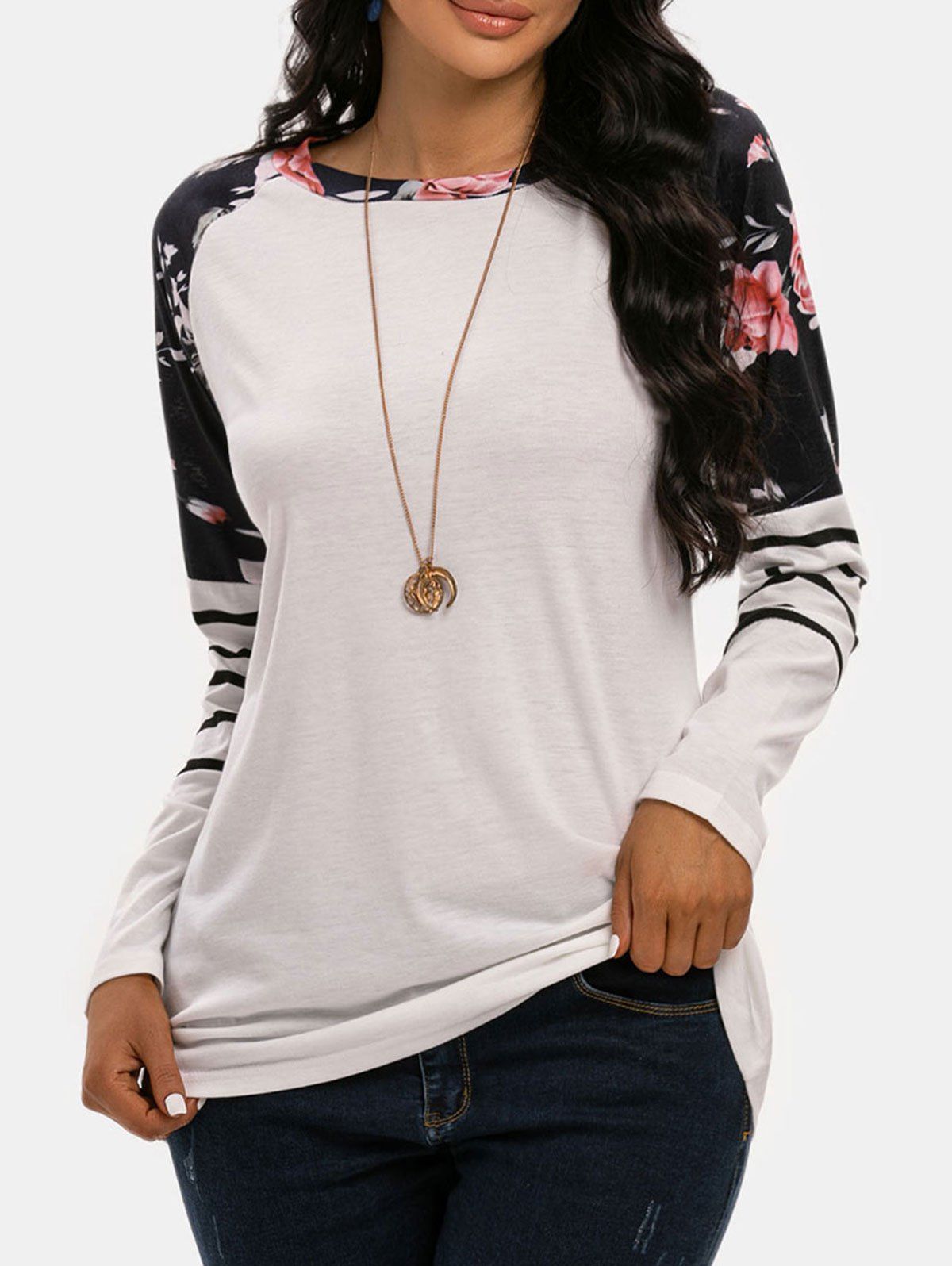 

Flower Striped Raglan Sleeve Tunic T-shirt, White