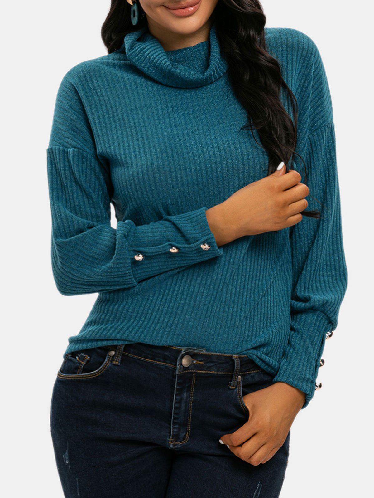 

Ribbed Cowl Neck Metallic Buttons Knitwear, Blue