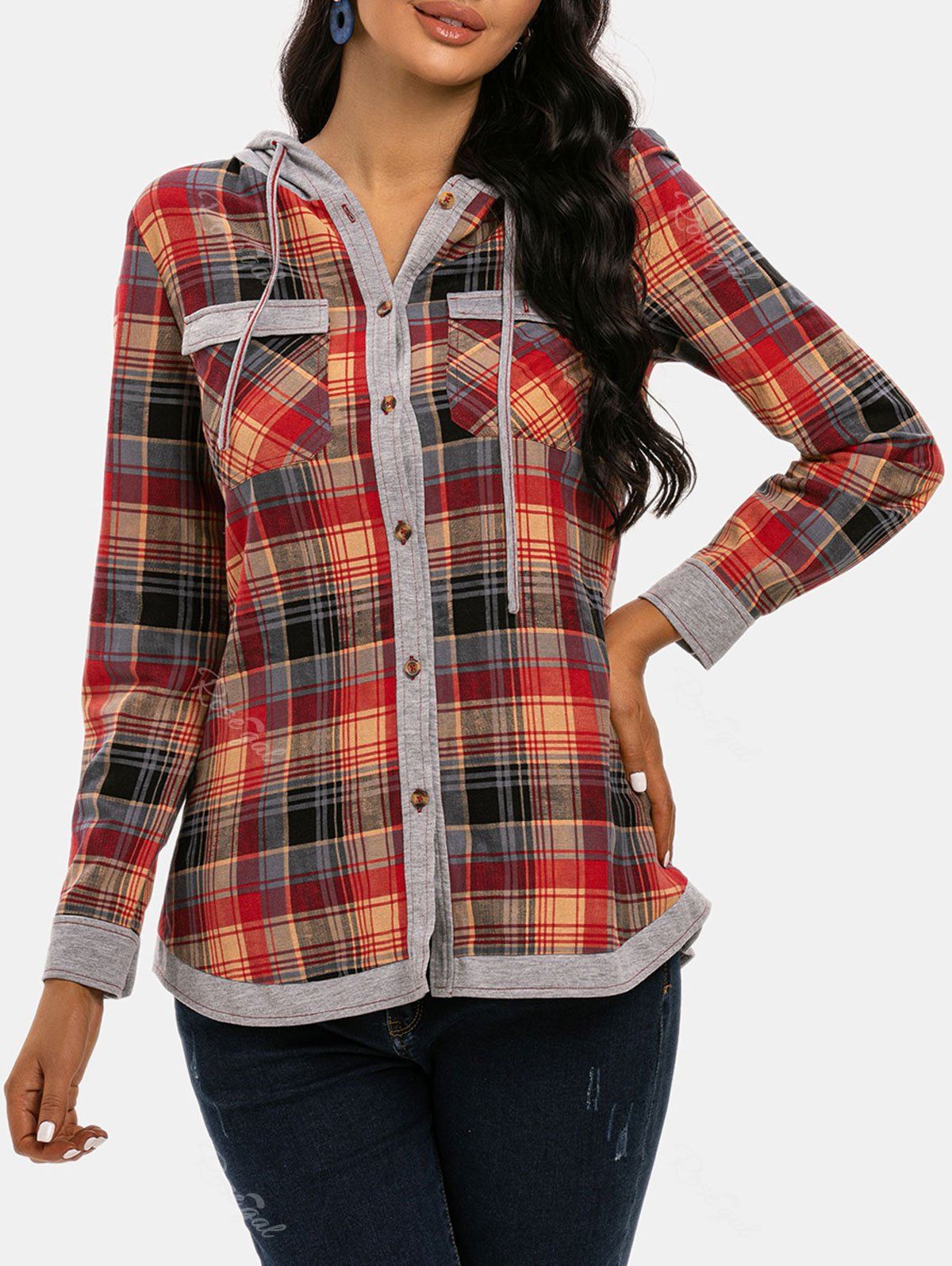 Outfits Hooded Drawstring Button Up Plaid Print Shirt  