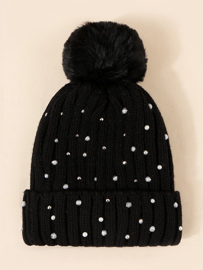 

Faux Pearl Rivet Plush Knitted Bubble Hat, Night