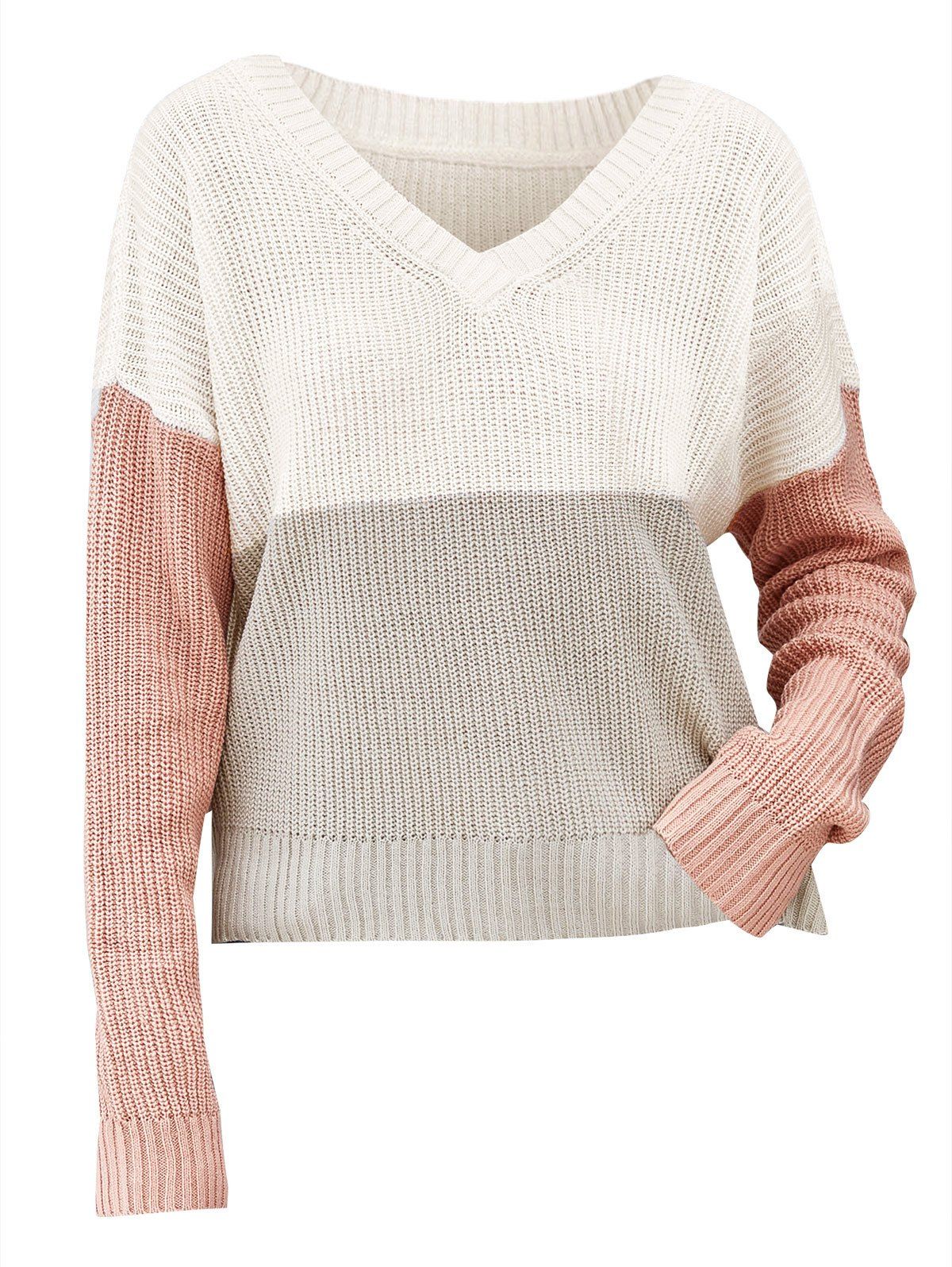 

Colorblock Drop Shoulder V Neck Sweater, Light pink