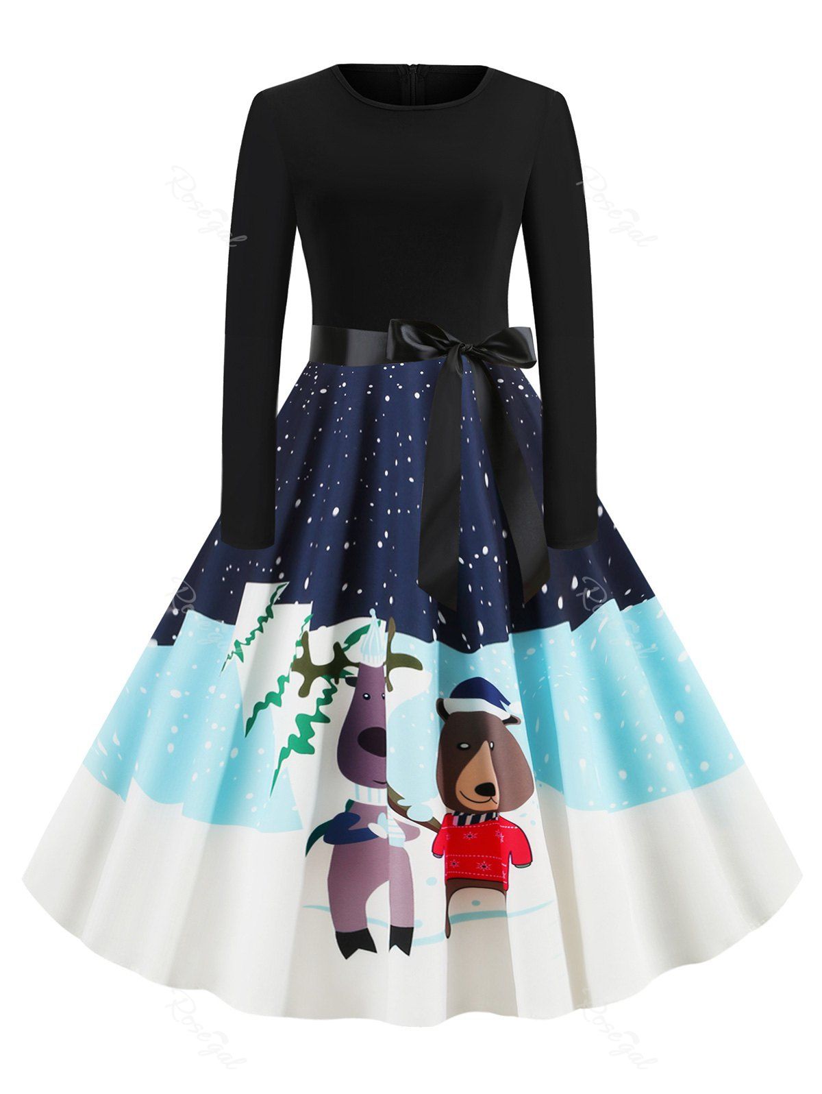 

Snowflake Elk Snowman Christmas Belted Dress, Blue