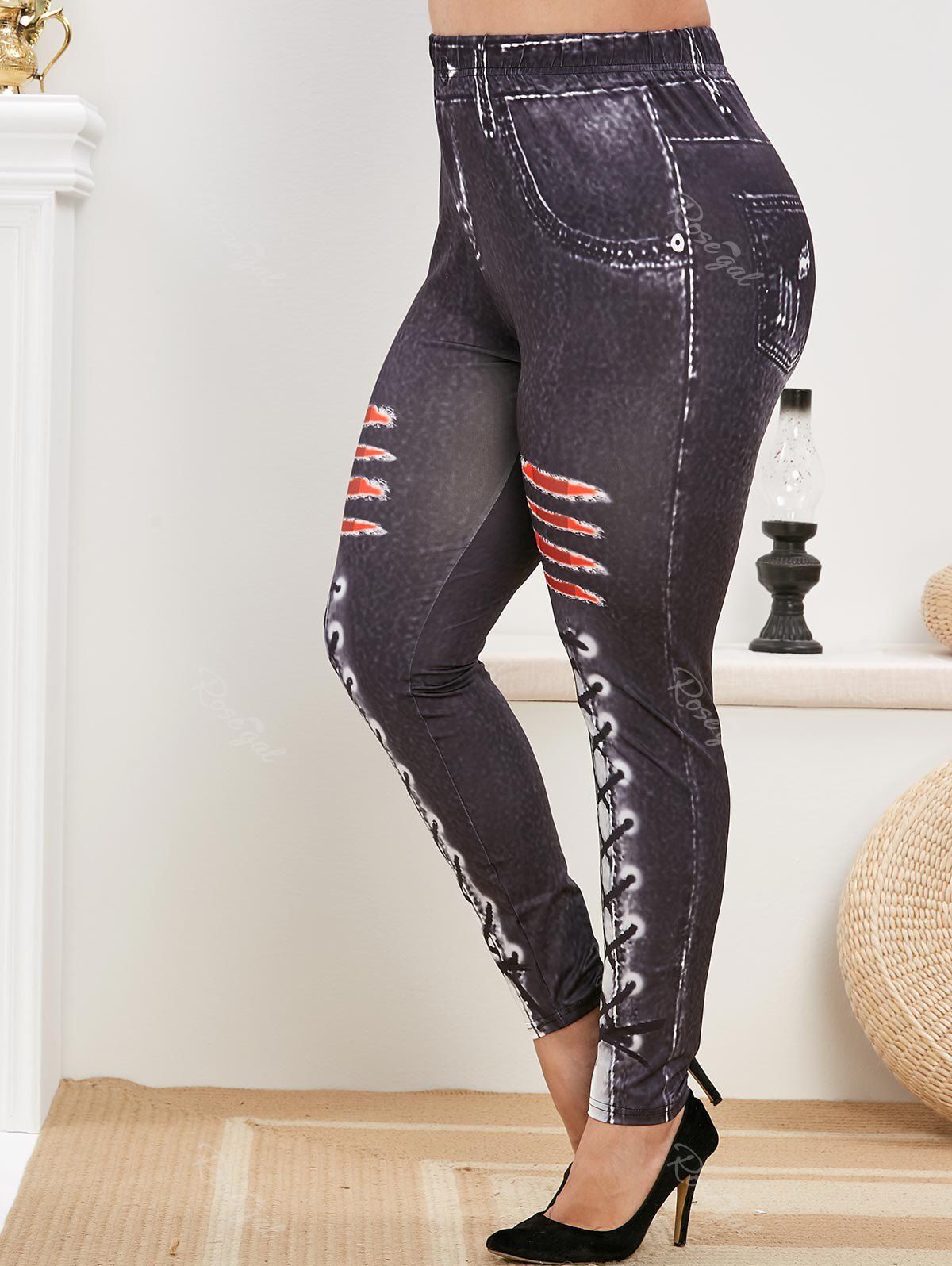 Online Plus Size 3D Lace Up Jean Print Slinky Jeggings  