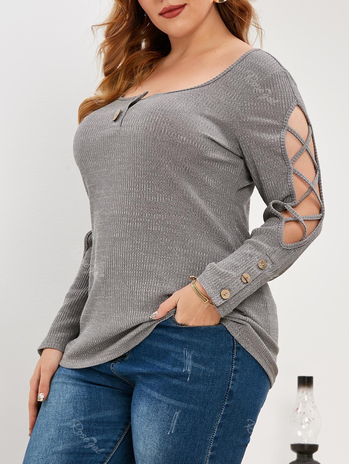 

Plus Size Criss Cross Knitted Henley Top, Dark gray