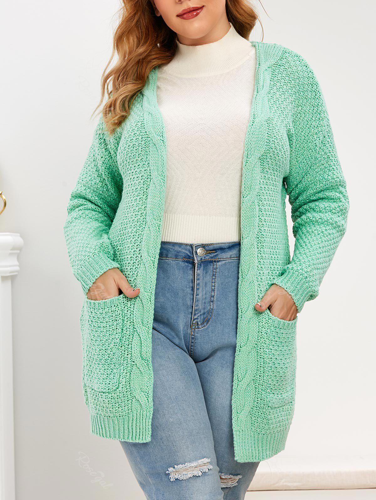 Affordable Plus Size Pockets Open Front Chunky Cardigan  