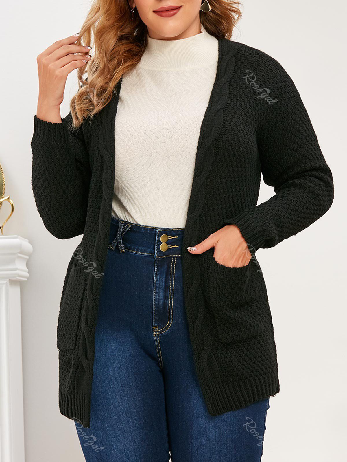 

Plus Size Pockets Open Front Chunky Cardigan, Black