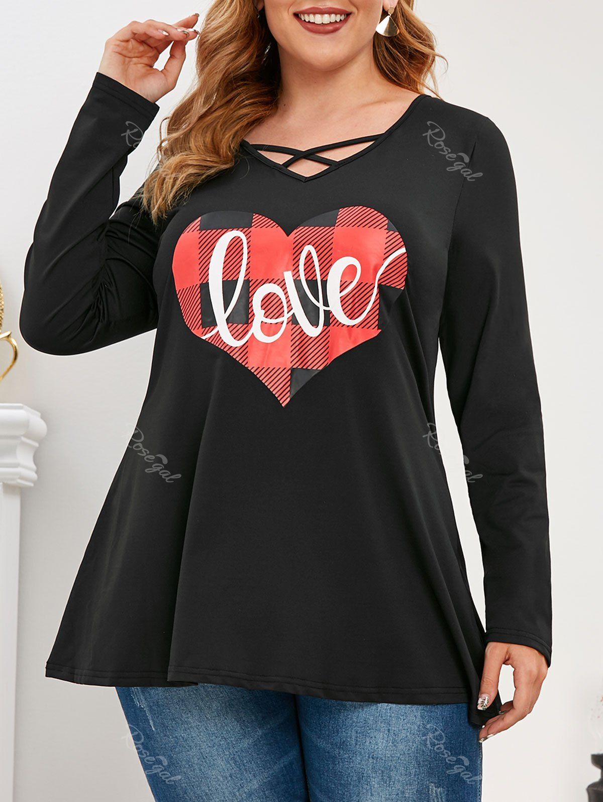 

Plus Size Heart Plaid Criss Cross V Neck T Shirt, Black