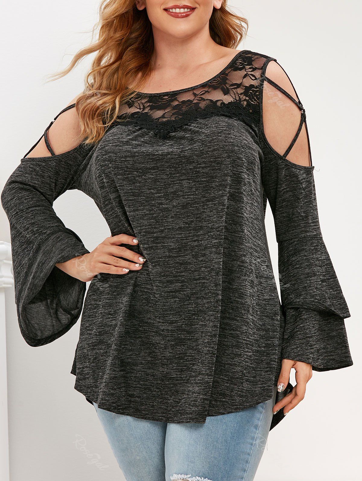 Discount Plus Size Lace Insert Cold Shoulder Heather Strappy T Shirt  
