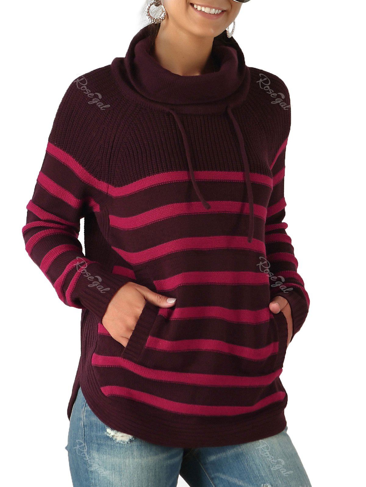 

Striped Turtleneck Drawstring Pocket Sweater, Deep red