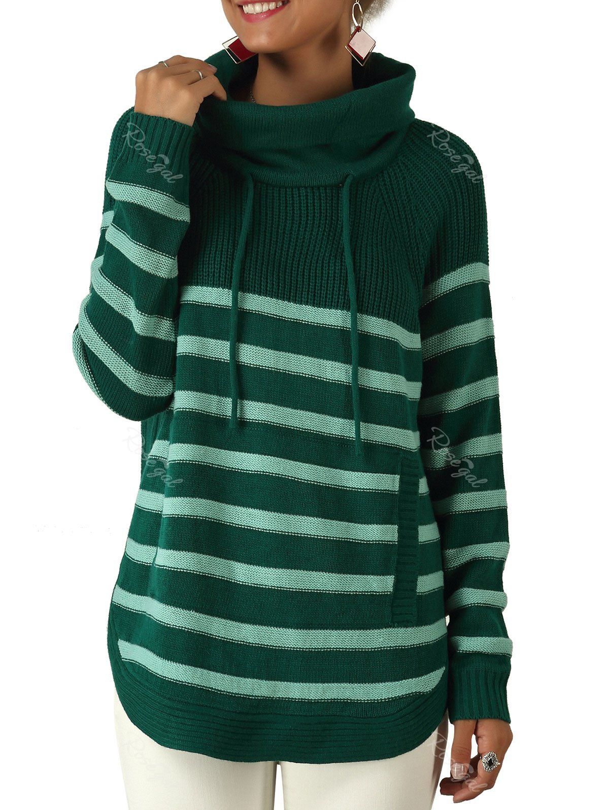 

Striped Turtleneck Drawstring Pocket Sweater, Deep green
