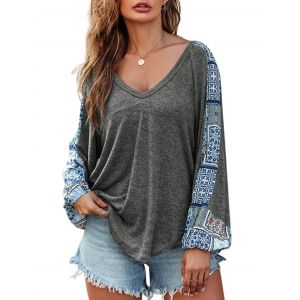 

Heathered Printed Panel V Neck Knitwear, Gray