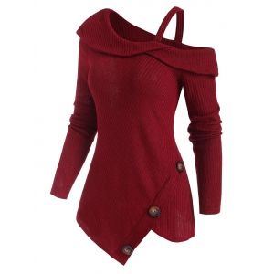 

Ribbed Buttoned Open Shoulder Asymmetrical Knitwear, Deep red