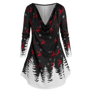 

Plus Size Christmas Draped Elk Snowflake Curved Hem Tee, Black