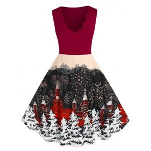 

Plus Size Scalloped Christmas Tree Print Dress, Lava red