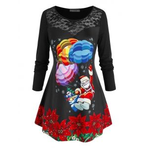 

Plus Size Santa Claus Parachute Print Christmas T Shirt, Black