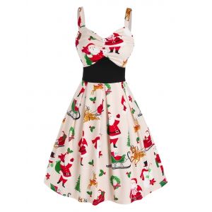 

Christmas Santa Claus Print Ruched Flared Dress, Multi