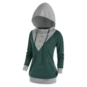 

Plus Size Buttoned Two Tone Blouson Tunic Hoodie, Dark turquoise