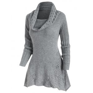 

Mock Button Cowl Neck Openwork Sweater, Gray